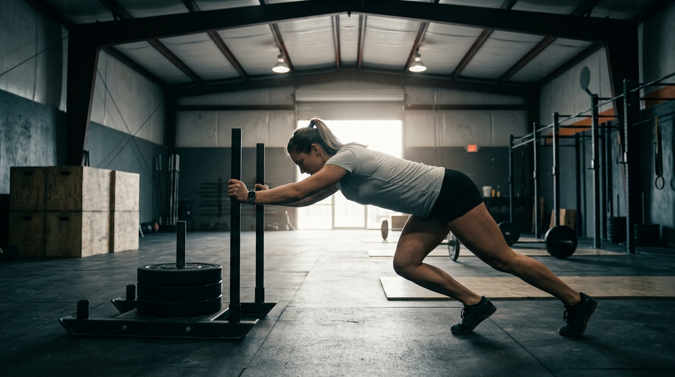 Female athlete throwing a wall ball against a concrete wall in an intense outdoor training session