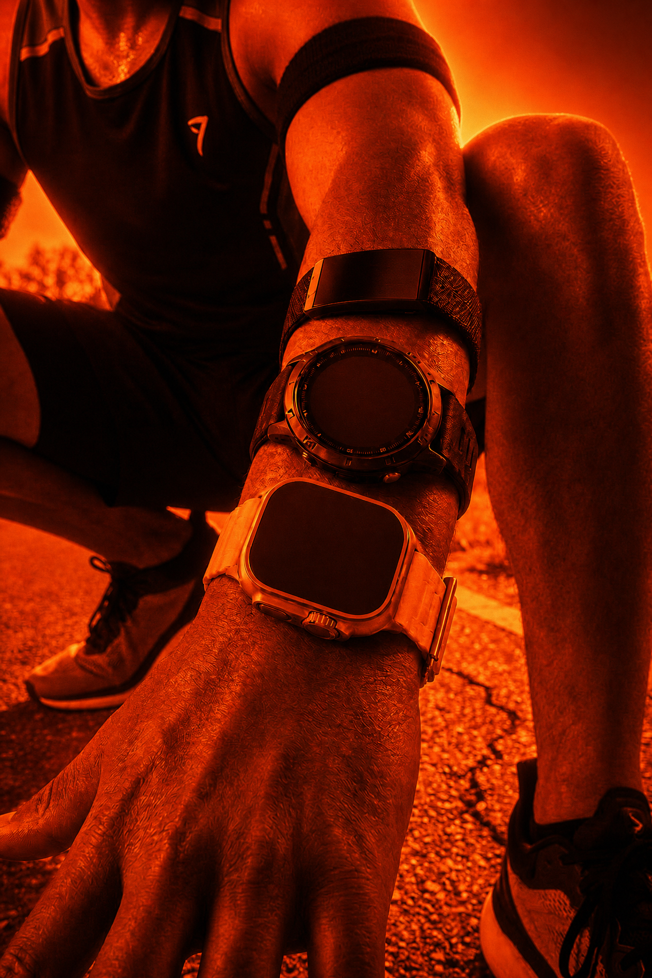 Athlete wearing multiple wearables with orange glow